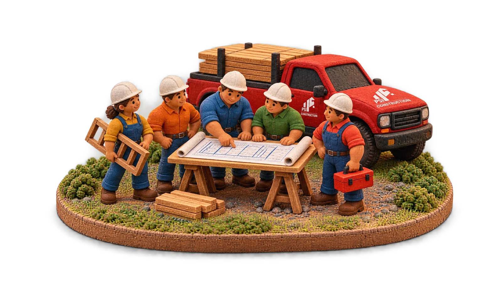 Clay model of a PSI crew reading blueprints beside a PSI-branded truck