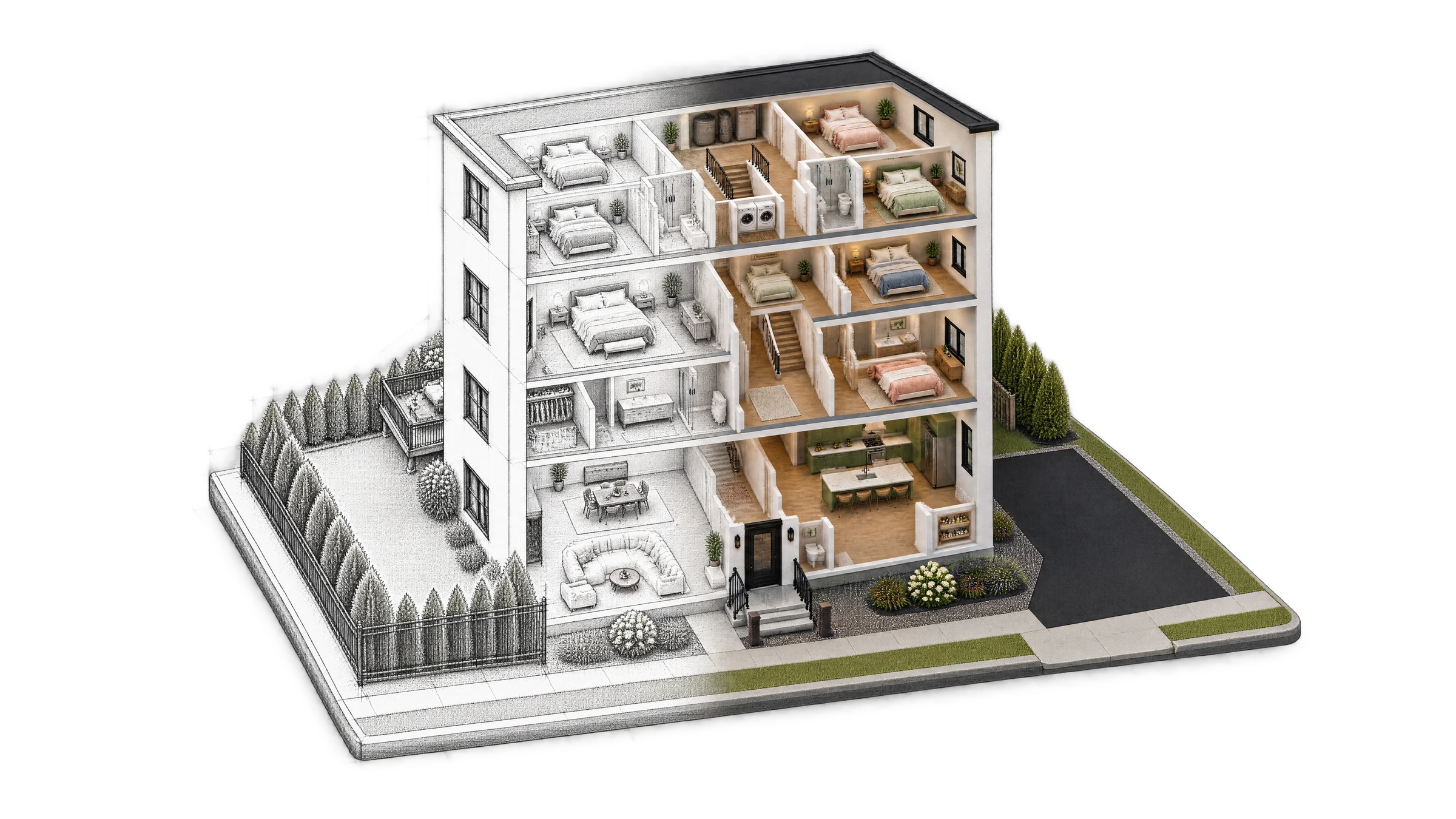 A PSI build shown half as the architect's drawing and half as the finished, furnished home