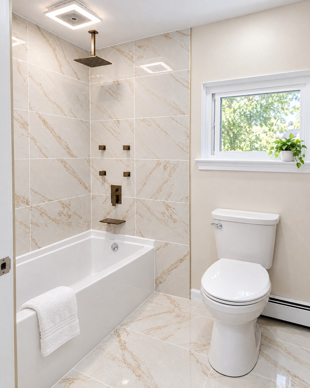 After: Floor-to-ceiling marble-look porcelain and a glass shower